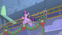 Size: 640x360 | Tagged: safe, edit, edited screencap, screencap, twilight sparkle, alicorn, pony, g4, my little pony best gift ever, animated, distressed, female, flying, hearth's warming, hungry, magic, mare, panicking, solo, subtitles, twilight sparkle (alicorn)