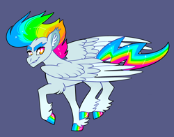 Size: 2800x2200 | Tagged: safe, artist:loryska, oc, oc only, pegasus, pony, blue background, female, high res, mare, parents:vinyldash, rainbow hooves, simple background, solo