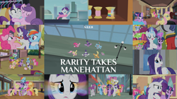 Size: 1988x1117 | Tagged: safe, edit, edited screencap, editor:quoterific, screencap, applejack, fluttershy, pinkie pie, rainbow dash, rarity, silver berry, spike, suri polomare, twilight sparkle, welcome inn, alicorn, pony, g4, rarity takes manehattan, mane six, rainbow thread, twilight sparkle (alicorn)