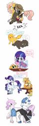 Size: 1024x3277 | Tagged: safe, artist:loryska, applejack, burnt oak, fancypants, fleur-de-lis, rarity, oc, oc:ashmeade, pony, g4, blushing, colt, farrier, female, hoof on chin, horseshoes, injured, leonine tail, lesbian, magic, magical lesbian spawn, male, mother and child, mother and son, offspring, parent:applejack, parent:rarity, parents:rarijack, ship:rarijack, shipping, telekinesis, unshorn fetlocks