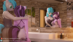 Size: 1920x1100 | Tagged: safe, artist:rinny, oc, oc only, oc:lightningflash, oc:opium spark, anthro, 3d, bathroom, blender, clothes, crossgender, looking at each other, mirror, nightgown, oc x oc, reflection, shipping