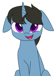 Size: 711x972 | Tagged: safe, artist:tcgamebot, oc, oc only, oc:mysterious science, pony, unicorn, floppy ears, looking at you, male, open mouth, simple background, sitting, smiling, solo, stallion, transparent background