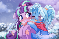 Size: 2400x1600 | Tagged: safe, artist:symbianl, starlight glimmer, trixie, pony, unicorn, g4, alternate hairstyle, blushing, breath, clothes, colored underhoof, cute, cute little fangs, diatrixes, duo, duo female, fangs, female, glimmerbetes, hair ornament, heart, hoof heart, hug, lesbian, mare, one eye closed, s5 starlight, scarf, ship:startrix, shipping, sleigh bells