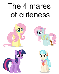 Size: 770x974 | Tagged: safe, coco pommel, fluttershy, kerfuffle, twilight sparkle, alicorn, pony, g4, cute, four horsemen of the apocalypse, meme, simple background, twilight sparkle (alicorn), white background