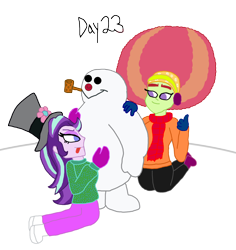 Size: 1280x1358 | Tagged: safe, artist:horroraceman93, starlight glimmer, tree hugger, equestria girls, g4, afro, christmas, duo, female, frosty the snowman, hat, holiday, lesbian, shipping, simple background, starhugger, tongue out, transparent background