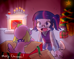 Size: 1500x1200 | Tagged: safe, artist:haden-2375, sci-twi, spike, spike the regular dog, twilight sparkle, dog, equestria girls, g4, baby, baby spike, candle, child, christmas, christmas lights, christmas tree, clothes, cute, fire, fireplace, glasses, holiday, open mouth, pigtails, present, puppy, socks, spikabetes, stocking feet, stockings, surprised, thigh highs, tree, twiabetes, volumetric mouth, younger