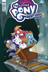 Size: 683x1037 | Tagged: safe, artist:briannacherrygarcia, idw, big macintosh, maud pie, meadowbrook, rarity, earth pony, pony, unicorn, g4, season 10, spoiler:comic, spoiler:comicannual2021, cover, mine, minecart