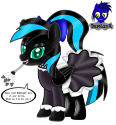 Size: 3840x4154 | Tagged: safe, artist:damlanil, oc, oc only, oc:nightlight aura, pony, bow, choker, clothes, collar, commission, cute, duster, female, latex, looking at you, maid, makeup, mare, rubber, shiny, shiny mane, show accurate, simple background, solo, story, transparent background, vector