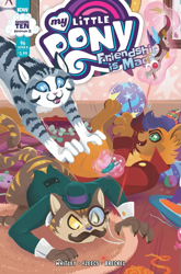 Size: 683x1037 | Tagged: safe, artist:justasuta, idw, admiral fluffington, capper dapperpaws, chummer, discord, abyssinian, g4, season 10, spoiler:comic, spoiler:comic96, abyssinians doing cat things, chest fluff, cover
