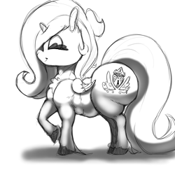 Size: 1440x1440 | Tagged: safe, artist:ladylullabystar, artist:tracerpainter, oc, oc only, oc:moonride, alicorn, pony, black and white, chubby, cutie mark, grayscale, large butt, monochrome, short, side view, simple background, solo, white background