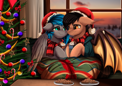 Size: 2833x1998 | Tagged: safe, artist:pridark, oc, oc only, oc:bibbo, oc:lonestar, bat pony, pegasus, pony, bat pony oc, bat wings, blanket, blushing, chocolate, christmas, christmas decoration, christmas tree, commission, cookie, duo, food, hat, holiday, hot chocolate, indoors, looking at each other, pegasus oc, plate, santa hat, smiling, table, tree, window, wings