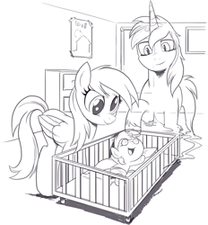 Size: 1442x1555 | Tagged: safe, artist:nauyaco, derpy hooves, dinky hooves, oc, oc:on'nyun, ghost, pegasus, pony, undead, unicorn, g4, baby, baby dinky hooves, baby pony, crib, diaper, female, filly, foal, male, mare, monochrome, stallion