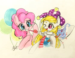 Size: 2389x1836 | Tagged: safe, artist:狄优优, pinkie pie, earth pony, fairy, fairy pony, original species, pony, clownpiece, crossover, duo, fairy wings, female, hat, jester hat, mare, ponified, touhou, wings