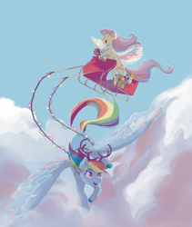 Size: 3064x3623 | Tagged: safe, artist:slowpoke, angel bunny, fluttershy, rainbow dash, dog, pegasus, pony, rabbit, squirrel, g4, animal, antlers, christmas, christmas lights, cloud, cloudy, cute, duo, female, flying, high res, holiday, reindeer antlers, reindeer dash, sky, sleigh