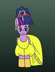 Size: 1220x1600 | Tagged: safe, artist:platinumdrop, twilight sparkle, alicorn, pony, g4, clothes, dress, ear piercing, earring, frankie foster, gloves, gradient background, jewelry, piercing, ponified, request, simple background, tiara, twilight sparkle (alicorn)