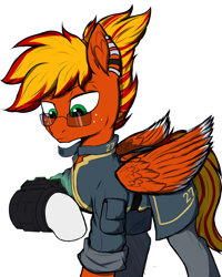 Size: 2000x2500 | Tagged: safe, artist:tatykin, oc, oc only, oc:blaze fury, pegasus, pony, fallout equestria, clothes, cosplay, costume, ear fluff, ear piercing, earring, eyebrows, eyebrows visible through hair, folded wings, freckles, glasses, high res, jewelry, jumpsuit, lidded eyes, male, piercing, pipboy, pipbuck, raised hoof, simple background, solo, stallion, vault suit, white background, wings