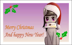 Size: 8000x5000 | Tagged: safe, alternate version, artist:colourwave, octavia melody, earth pony, pony, g4, absurd resolution, christmas, cute, delivery, female, happy new year, hat, holiday, letter, mare, merry christmas, mouth hold, new year, postcard, santa hat, sitting, solo