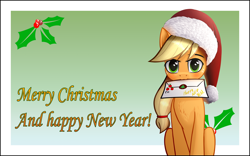 Size: 8000x5000 | Tagged: safe, alternate version, artist:colourwave, applejack, earth pony, pony, g4, absurd resolution, christmas, cute, delivery, female, happy new year, hat, holiday, jackabetes, letter, mare, merry christmas, mouth hold, new year, postcard, santa hat, sitting
