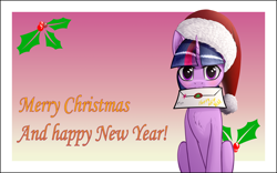 Size: 8000x5000 | Tagged: safe, alternate version, artist:colourwave, twilight sparkle, pony, unicorn, g4, absurd resolution, blushing, christmas, cute, delivery, female, happy new year, hat, holiday, letter, looking at you, mare, merry christmas, mouth hold, new year, postcard, santa hat, sitting, solo, text