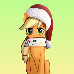 Size: 3000x3000 | Tagged: safe, alternate version, artist:colourwave, applejack, earth pony, pony, g4, christmas, cute, cyrillic, delivery, female, happy new year, hat, high res, holiday, jackabetes, letter, looking at you, mare, merry christmas, mouth hold, santa hat, simple background, sitting
