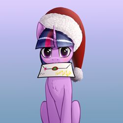 Size: 5000x5000 | Tagged: safe, alternate version, artist:colourwave, twilight sparkle, pony, unicorn, g4, absurd resolution, blushing, christmas, cute, delivery, female, gradient background, happy new year, hat, holiday, letter, looking at you, mare, merry christmas, mouth hold, new year, santa hat, simple background, sitting, solo, twiabetes, unicorn twilight
