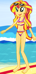 Size: 1172x2391 | Tagged: safe, artist:majkashinoda626, sunset shimmer, equestria girls, g4, barefoot, beach, belly button, bikini, clothes, cropped, feet, female, shimmerbetes, solo, sunglasses, surfboard, swimsuit