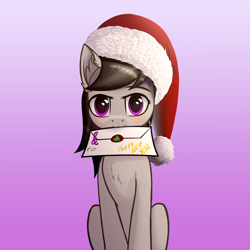 Size: 5000x5000 | Tagged: safe, alternate version, artist:colourwave, octavia melody, earth pony, pony, g4, absurd resolution, christmas, cute, delivery, female, happy new year, hat, holiday, letter, mare, merry christmas, mouth hold, new year, santa hat, simple background, sitting, solo