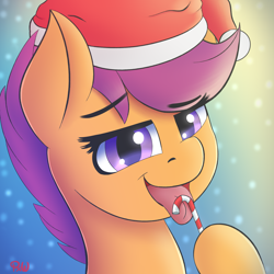 Size: 1800x1800 | Tagged: safe, artist:ponyxwright, scootaloo, pegasus, pony, g4, bust, candy, candy cane, christmas, female, filly, food, gradient background, hat, holiday, licking, santa hat, solo, tongue out