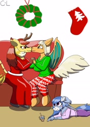 Size: 2480x3508 | Tagged: safe, artist:cyborglucario, oc, oc only, oc:misty tailwind, oc:mystic fire, oc:river tailwind, bat pony, kirin, christmas, christmas stocking, clothes, dreidel, female, high res, holiday, kissing, lesbian, mistfire, oc x oc, shipping, sweater, wreath