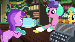 Size: 1920x1080 | Tagged: safe, screencap, amethyst star, berry blend, berry bliss, citrine spark, fire quacker, sparkler, earth pony, pony, unicorn, best gift ever, g4, amethyst butt, bits, butt, cash register, clothes, earmuffs, female, friendship student, hat, mare, plot, scarf, striped scarf, winter outfit