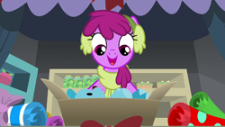 Size: 1920x1080 | Tagged: safe, screencap, berry punch, berryshine, earth pony, pony, g4, my little pony best gift ever, my little pony: friendship is magic, box, female, mare, present, teddy bear, wrapping paper