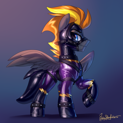 Size: 3000x3000 | Tagged: safe, artist:jedayskayvoker, oc, oc only, oc:blaze (shadowbolt), pegasus, pony, bridle, clothes, costume, gachimuchi, harness, high res, latex, latex suit, looking at you, male, raised hoof, rubber, shadowbolts, shadowbolts costume, signature, solo, tack, tail sack