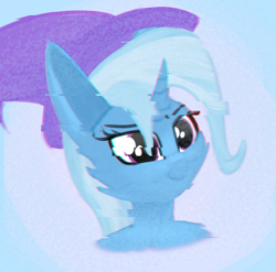 Size: 2431x2400 | Tagged: safe, artist:toxinagraphica, trixie, pony, unicorn, g4, bust, chromatic aberration, clothes, colored sketch, error, female, glitch, hat, high res, horn, mare, noise, portrait, sketch, smiling, smirk, solo