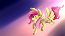 Size: 1920x1080 | Tagged: safe, artist:shadowblazearts, fluttershy, pegasus, pony, g4, colored hooves, cute, eyes closed, female, gradient background, mare, raised hoof, shyabetes, smiling, solo, spread wings, three quarter view, two toned wings, wallpaper, wings