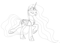 Size: 5300x3840 | Tagged: safe, artist:byteslice, princess celestia, alicorn, pony, g4, eyes closed, female, folded wings, mare, monochrome, raised hoof, simple background, sketch, smiling, solo, standing, white background, wings