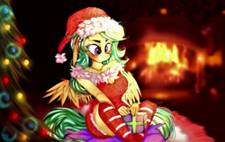Size: 4758x3000 | Tagged: safe, artist:limonca, oc, oc only, oc:summer ray, pegasus, anthro, blushing, christmas, christmas lights, christmas tree, clothes, dress, fireplace, holiday, present, socks, solo, tree