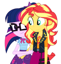 Size: 1096x1139 | Tagged: safe, artist:jcpreactyt, sci-twi, sunset shimmer, twilight sparkle, equestria girls, g4, clothes, couple, duo, duo female, female, hair, holding, holding hands, hug, lesbian, relationship, ship:sci-twishimmer, ship:sunsetsparkle, shipping, simple background, skirt, transparent background