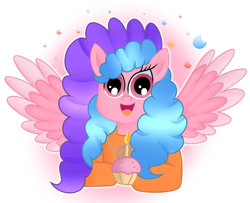Size: 3000x2440 | Tagged: safe, artist:doraeartdreams-aspy, oc, oc only, oc:bella pinksavage, pegasus, pony, birthday, bodysuit, candle, catsuit, clothes, cupcake, female, food, happy, high res, hippie, jewelry, latex, latex suit, necklace, peace suit, peace symbol, pegasus oc, rubber suit, solo, wings