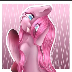 Size: 1080x1080 | Tagged: safe, artist:absentia_miss_loopa, pinkie pie, earth pony, pony, g4, :p, abstract background, blood, bust, female, mare, pinkamena diane pie, tongue out