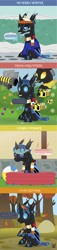 Size: 704x3103 | Tagged: safe, artist:wheatley r.h., derpibooru exclusive, oc, oc only, oc:w. rhinestone eyes, bee, beeling, changeling, honeypot changeling, insect, 4 panel comic, autumn, bat wings, beach ball, blue changeling, bush, changeling oc, clothes, cold, fim-92 stinger, flower, folded wings, food, frosting, gun, hair, happy, honey, horn, ice cream, jacket, jar, leaf, minecraft, minecraft bee, missile launcher, pool toy, scarf, seasons, snow, snowfall, solo, spanish, spanish text, speech bubble, spring, stinger, stinger (weapon), summer, sweat, tongue out, vector, visor, watermark, weapon, wings, winter