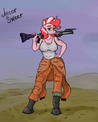 Size: 1600x2000 | Tagged: safe, artist:borsch-zebrovich, oc, oc only, oc:ancor sweet, anthro, plantigrade anthro, breasts, clothes, dc-15, digital art, female, gun, looking at you, overalls, rifle, shirt, solo, star wars, t-shirt, weapon