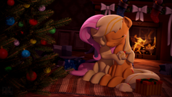 Size: 3840x2160 | Tagged: safe, artist:owlpirate, applejack, fluttershy, earth pony, pegasus, pony, g4, 3d, christmas, christmas tree, cuddling, eyes closed, female, fire, fireplace, high res, holiday, hug, lesbian, mare, ship:appleshy, shipping, sitting, source filmmaker, tree