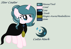 Size: 4496x3080 | Tagged: safe, artist:lominicinfinity, oc, oc only, oc:star caster, pony, unicorn, cloak, clothes, female, mare, reference sheet, simple background, solo