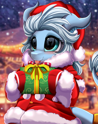 Size: 2550x3209 | Tagged: safe, artist:pridark, part of a set, oc, oc only, ambiguous species, pony, :p, adorable face, blushing, christmas, commission, cute, glasses, hat, high res, holding, holiday, older, present, santa hat, solo, teenager, tongue out, ych result