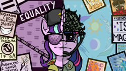 Size: 1280x720 | Tagged: safe, artist:borsch-zebrovich, starlight glimmer, twilight sparkle, alicorn, pony, unicorn, g4, call of duty, call of duty: black ops cold war, clothes, cold war, communism, equality, glasses, hammer and sickle, helmet, military, parody, propaganda, s5 starlight, soviet union, stalin glimmer, two sides, uniform, winter hat