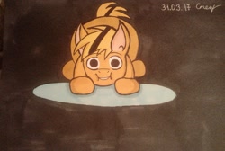Size: 2048x1379 | Tagged: safe, artist:flame_heart_98, bumblebee, earth pony, pony, face down ass up, male, ponified, signature, solo, stallion, traditional art