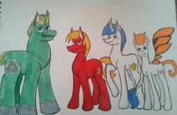 Size: 720x468 | Tagged: safe, artist:flame_heart_98, earth pony, pegasus, pony, unicorn, colored, grin, male, ponified, raised hoof, smiling, stallion, traditional art, transformers, unshorn fetlocks