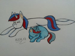 Size: 720x540 | Tagged: safe, artist:flame_heart_98, pony, unicorn, eyes closed, optimus prime, ponified, sleeping, traditional art, transformers