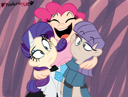 Size: 1024x780 | Tagged: safe, artist:mirabuncupcakes15, maud pie, pinkie pie, rarity, human, g4, the gift of the maud pie, belt, choker, clothes, confused, dress, eyes closed, eyeshadow, female, horn, horned humanization, hug, humanized, makeup, scene interpretation, shirt, shorts, siblings, sisters, skirt, t-shirt, trio