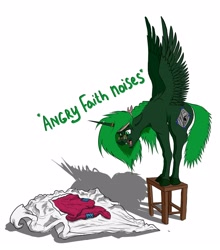 Size: 1901x2160 | Tagged: safe, artist:borsch-zebrovich, oc, oc only, oc:faith overfire, alicorn, pony, fallout equestria, angry, artificial alicorn, blanket, descriptive noise, digital art, fangs, female, green alicorn (fo:e), hissing, simple background, solo, stool, white background, wings